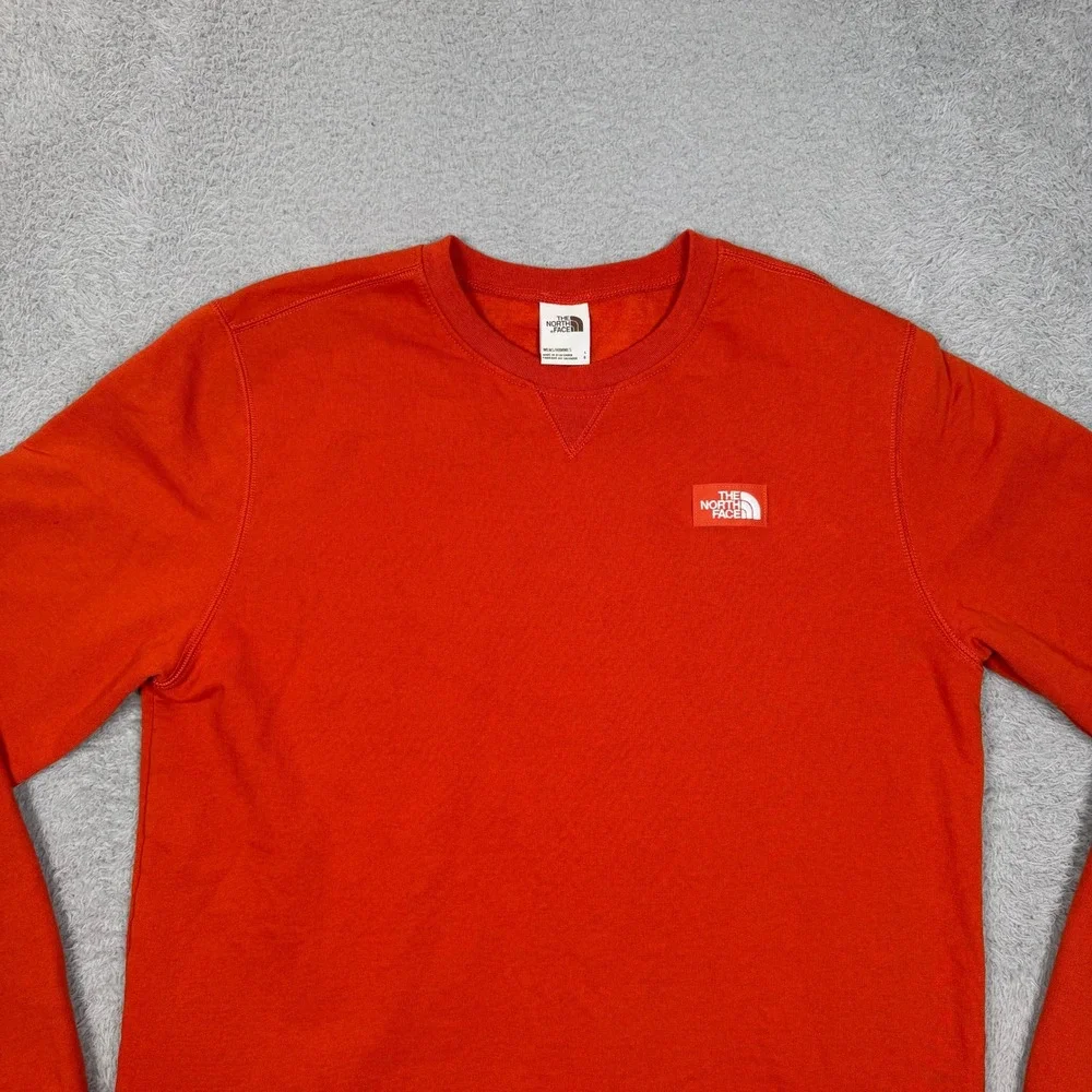 The North Face Mens Orange Crewneck Fleece Lined Logo Patch Sweatshirt Large EUC